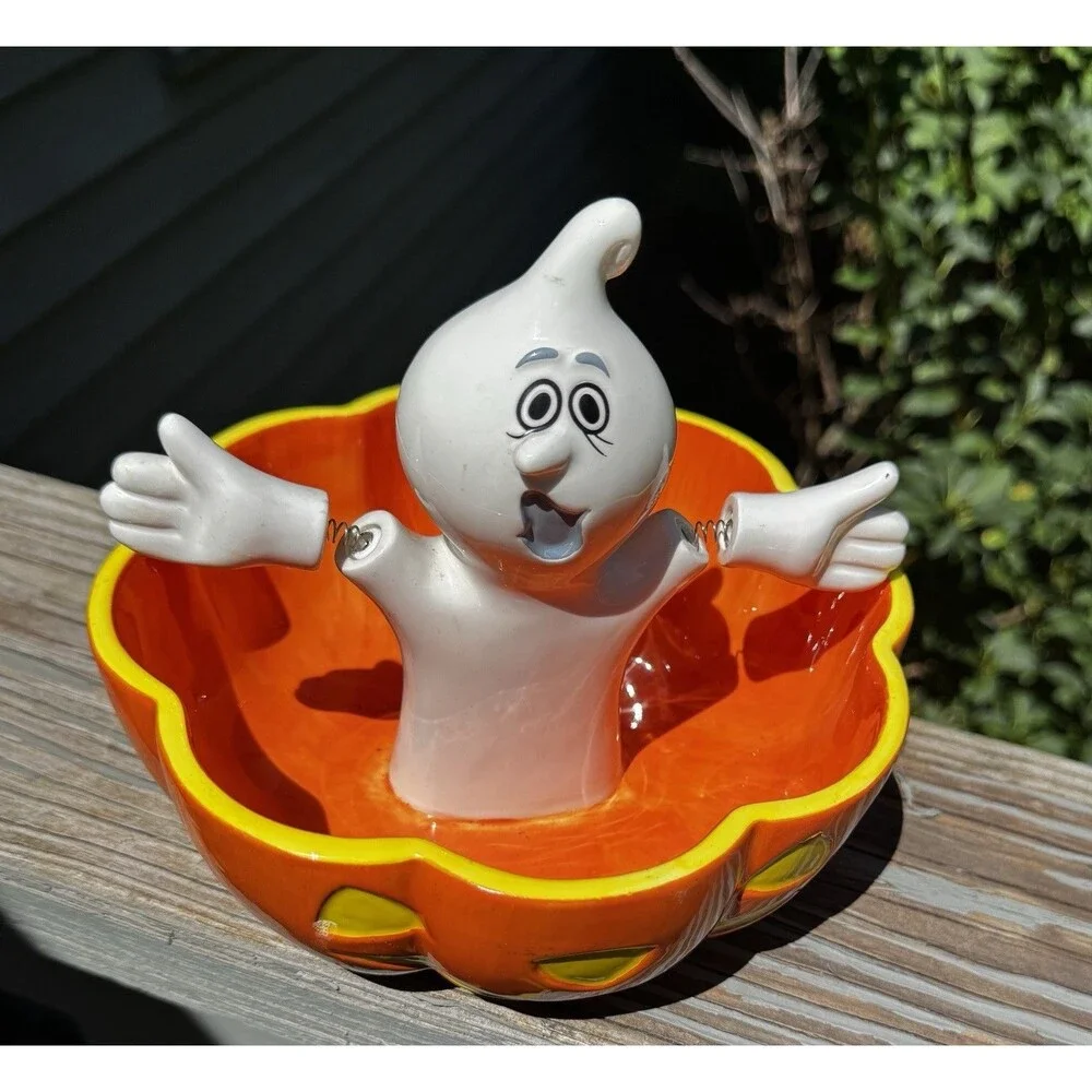 VTG Department 56 Halloween Ghost in Pumpkin Candy Dish Bowl Jiggle Spring Arms